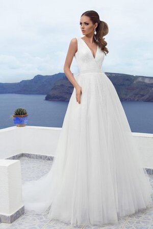 Abito da Sposa A-Line A Terra Semplice con Nastro V-Scollo