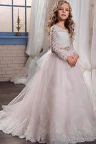 Abito da Cerimonia Bambini in Pizzo decorato in Tulle A Terra con Maniche Lunghe