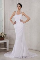 Abito da Sposa con Perline Alta Vita in Chiffon Coda A Strascico Corto Senza Maniche