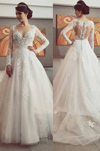 Abito da Sposa con Maniche Lunghe in Pizzo Naturale in Tulle V-Scollo