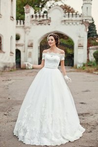 Abito da Sposa A Terra con Manica Corte con Applique con Perline A-Line