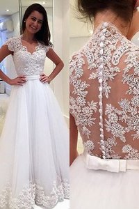 Abito da sposa lunghi a sala con manica corte fantastico con applique shiena sheer