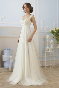 Abito da Sposa A Terra con Applique in Tulle Allacciato con Piega