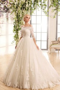 Abito da Sposa A Terra A-Line con Mezze Maniche in Pizzo con Applique