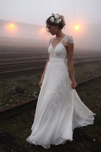 Abito da Sposa Senza Maniche in Pizzo A Terra in Chiffon A-Line