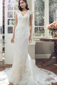 Abito da Sposa Tubino con Manica Corte con Applique V-Scollo Naturale