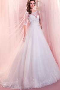 Abito da Sposa con Applique Naturale Lunghi Tondo con Mezze Maniche