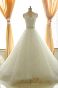 Abito da Sposa A-Line con Applique in Pizzo in Tulle Allacciato