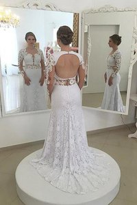 Abito da Sposa Naturale Tubino con Maniche Lunghe Tondo in Pizzo