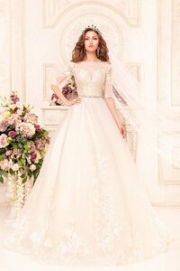 Abito da Sposa Lungo con Applique con Mezze Maniche Conservatore in Pizzo