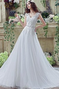 Abito da Sposa con Applique All Aperto V-Scollo Naturale A Terra