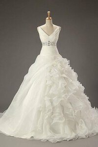 Abito da Sposa Spazzola Treno V-Scollo Elegante con Perline Cinghia in rilievo