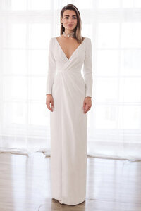 Abito da sposa scintillante con maniche lunghe lunghi moderno v-scollo in raso