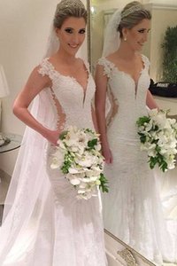 Abito da Sposa Naturale V-Scollo Spazzola Treno in Pizzo Sirena