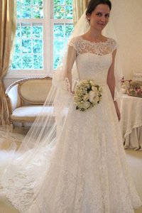 Abito da sposa shiena sheer emozionante con piega in pizzo a-line con ricamo