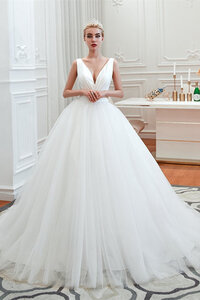 Abito da sposa naturale con fusciacca principessa romantico squisito v-scollo