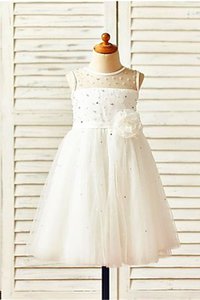 Abito da Cerimonia Bambini Cerniera Senza Maniche in Tulle con Fiore A-Line