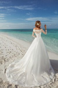 Abito da Sposa A-Line a Spiaggia Favola Spazzola Treno in Pizzo