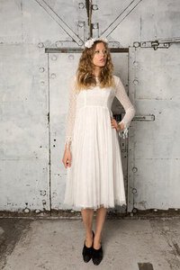 Abito da Sposa Elegante Conservatore Sotto Ginocchio a Spiaggia in Tulle