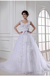 Abito da Sposa Alta Vita Largo Bretelle in Tulle Lunghi Cerniera