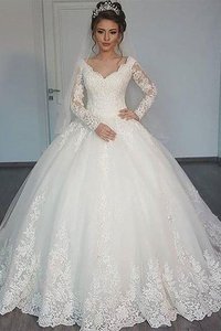 Abito da Sposa in Tulle Radiosa con Maniche Lunghe V-Scollo Naturale