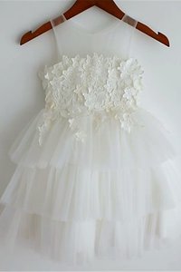 Abito da Cerimonia Bambini in Tulle Alta Vita A-Line in Pizzo Senza Maniche