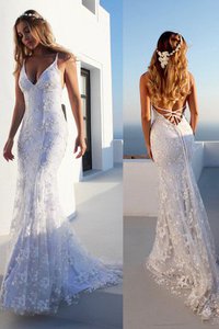 Abito da sposa con ricamo in pizzo v-scollo sirena all aperto grazioso