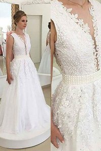 Abito da Sposa Naturale con Applique V-Scollo Senza Maniche A-Line