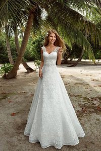 Abito da Sposa Lunghi con Applique a Spiaggia con Perline V-Scollo