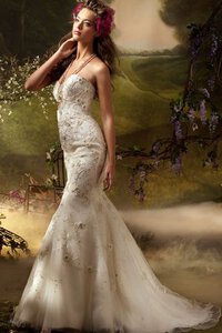 Abito da Sposa in Tulle Sirena con Fiore con Perline Senza Maniche