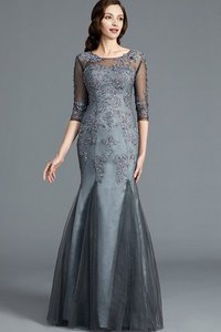 Abito Mamma Sposa con Mezze Maniche Tondo Tubino con Applique in Tulle