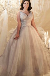 Abito da Sposa Senza Maniche con Increspato Semplice in Tulle in Pizzo