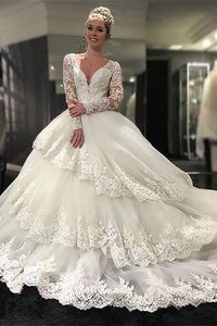 Abito da Sposa con Maniche Lunghe in Pizzo in Tulle Naturale Radiosa