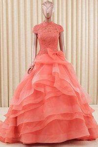 Abito Quinceanera con Fiocco in Organza in Tulle Naturale Tubino