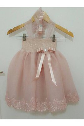 Abito da Cerimonia Bambini in Pizzo Anello Alta Vita con Applique Senza Maniche