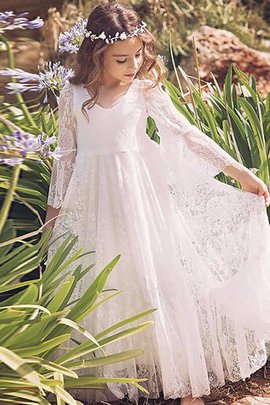 Abito da Cerimonia Bambini in Pizzo Principessa A-Line con Maniche Lunghe Naturale