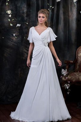 Abito da Sposa Allacciato A-Line con Fiore con Manica Corte A Terra