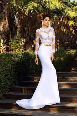 Abito da Sposa Tondo con Applique Tubino in Raso con Maniche Lunghe