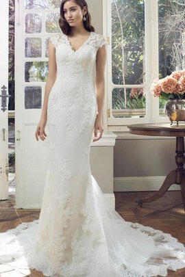 Abito da Sposa Tubino con Manica Corte con Applique V-Scollo Naturale