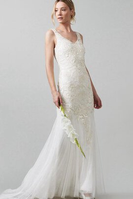 Abito da Sposa con Paillette Spazzola Treno con Perline con Applique V-Scollo