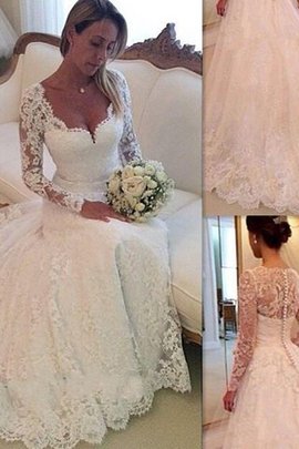 Abito da Sposa Radiosa con Maniche Lunghe Coda A Strascico Corto in Tulle V-Scollo