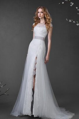 Abito da Sposa Tondo Coda A Strascico Corto in Pizzo in Tulle con Spacco Davanti