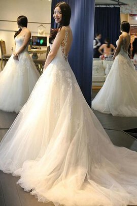 Abito da Sposa in Tulle Senza Maniche con Piega in Pizzo Coda A Strascico Corto