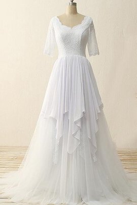 Abito da Sposa in Chiffon in Raso con Mezze Maniche in Tulle Cerniera