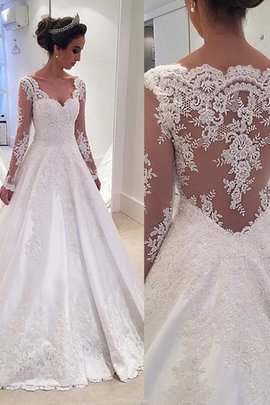 Abito da Sposa con Maniche Lunghe in Pizzo Naturale in Raso V-Scollo