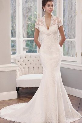 Abito da Sposa con Manica Corte in Pizzo V-Scollo con Applique Naturale