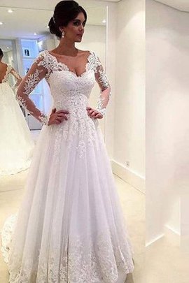 Abito da Sposa in Tulle con Maniche Lunghe Ball Gown Allacciato Naturale