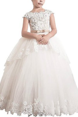 Abito da Cerimonia Bambini in Tulle Senza Maniche Naturale in Pizzo con Fiore