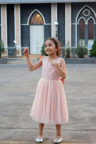 Abito da Cerimonia Bambini decorato in Tulle con Increspature A-Line Sotto Ginocchio