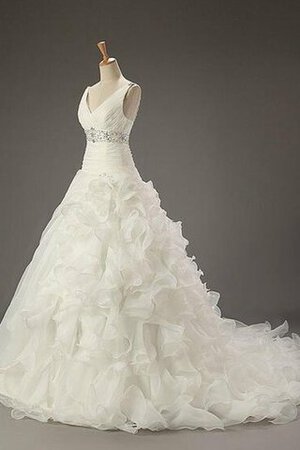 Abito da Sposa Spazzola Treno V-Scollo Elegante con Perline Cinghia in rilievo